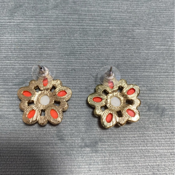 Vintage, beautiful, orange white clear gemstone pierced earrings 1” across, gold - Picture 3 of 4